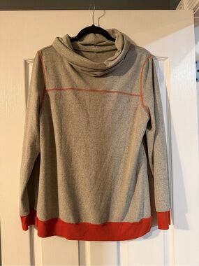 Women’s Cowl-Neck Sweater in Light Gray with Red Trim